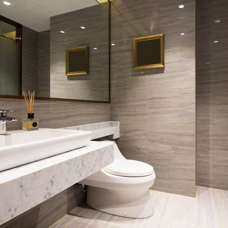 office bathroom, ready to be used. Sanitized and pristine.