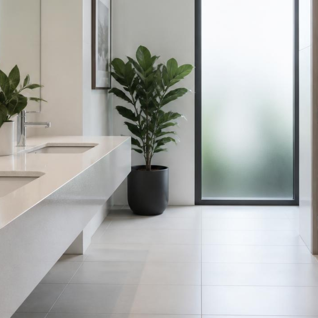 office bathroom after a professional deep cleaning, pristine and tidy